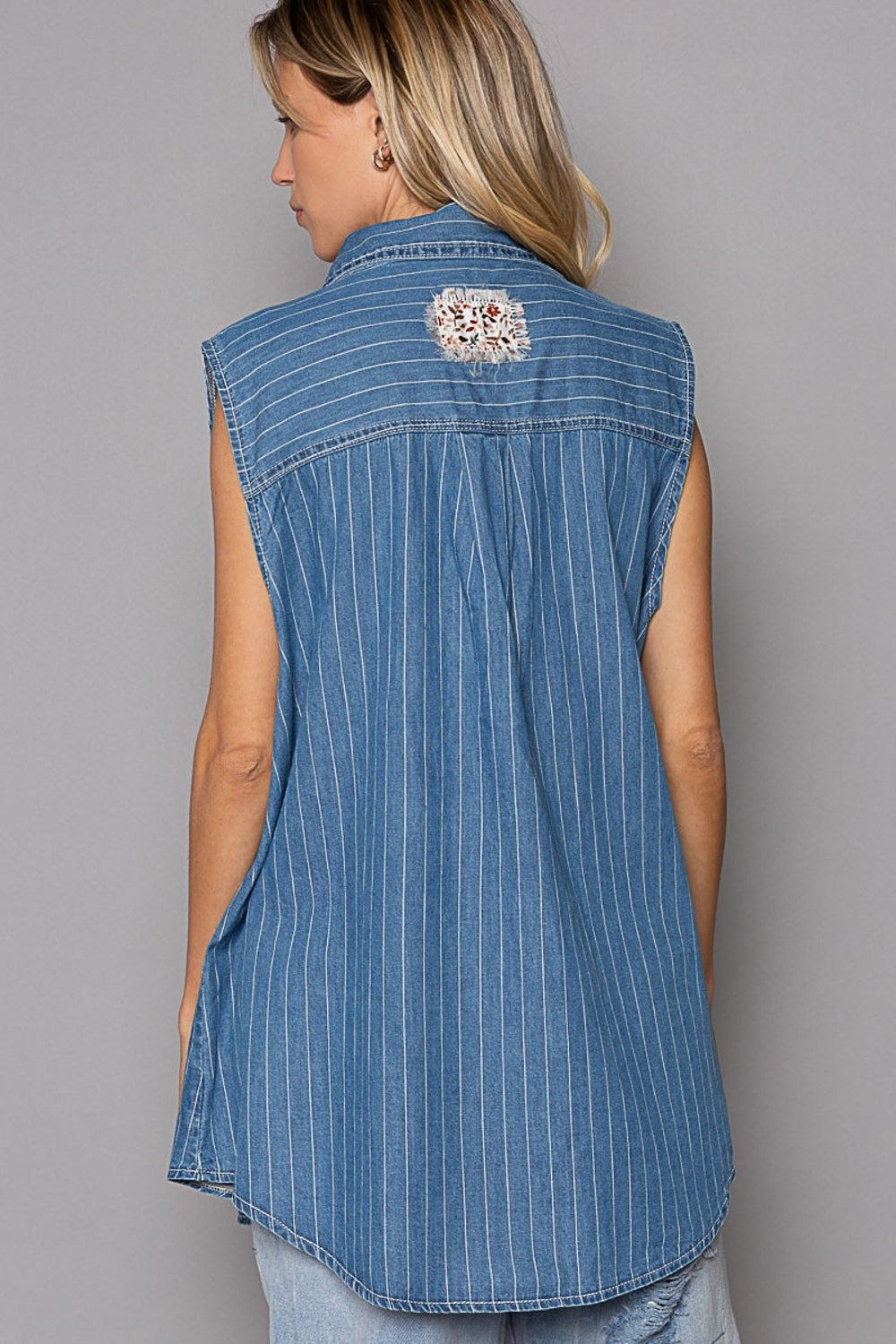 Long - Button Down Sleeveless Striped Denim Shirt