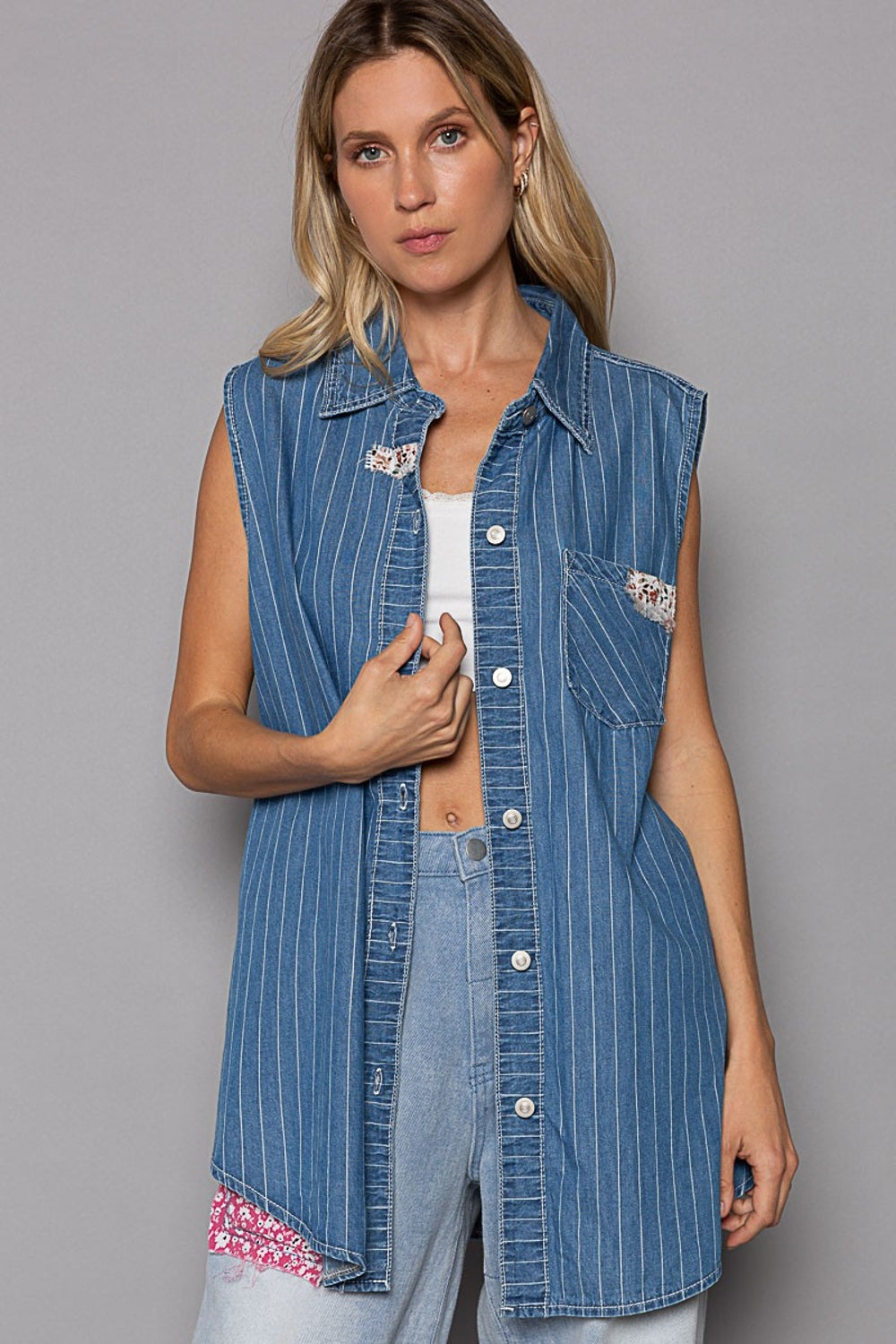 Long - Button Down Sleeveless Striped Denim Shirt